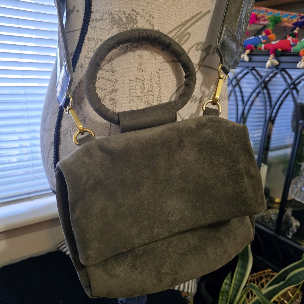 Anthropologie Olive Green Suede Crossbody Handbag Clutch Purse